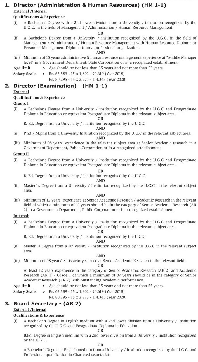 Director (Administration & HR), Examination), Board Secretary, Procurement Officer, Book Keeper - National Institute of Education (NIE)